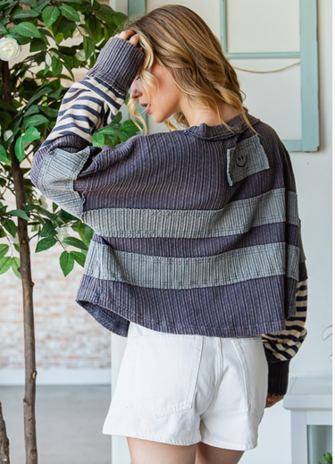 Mix Media Striped Detail Pullover- Navy/ blue
